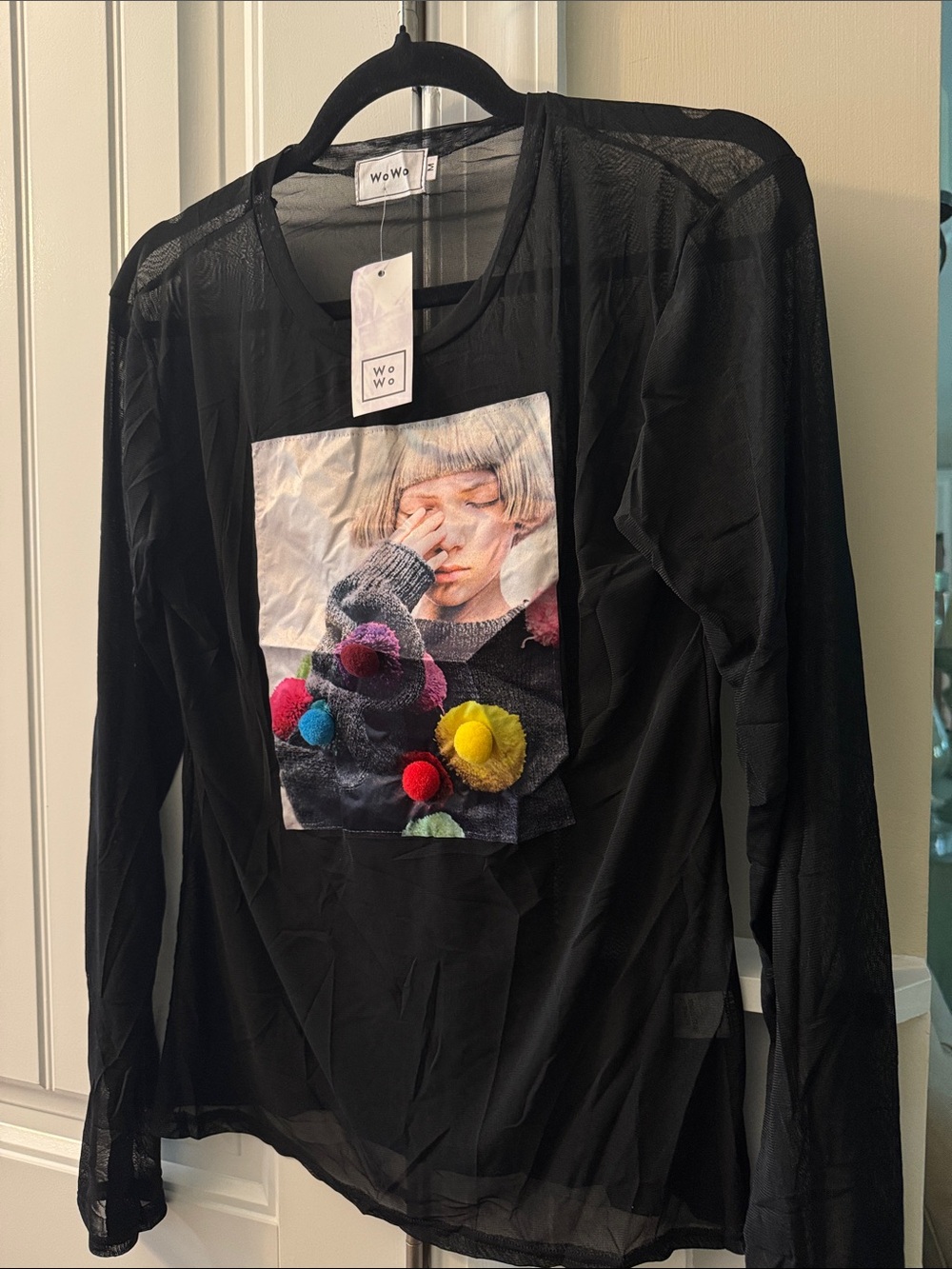 Black Long-Sleeve mesh womens long sleeve Graphic Top with Colorful Pom Accents